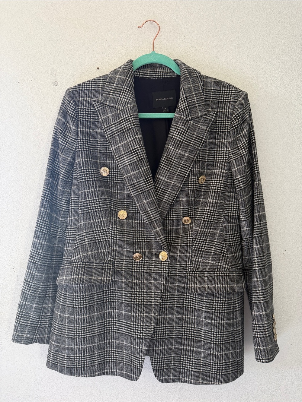 Banana Republic Black & Gray Plaid Double-Breasted Blazer